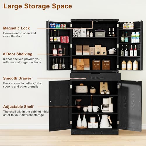 72" Tall Storage Cabinet, Kitchen Pantry Cabinet with Adjustable Shelves & Sturdy Steel Frame, Farmhouse Pantry Storage with 4 Barn Doors for Kitchen