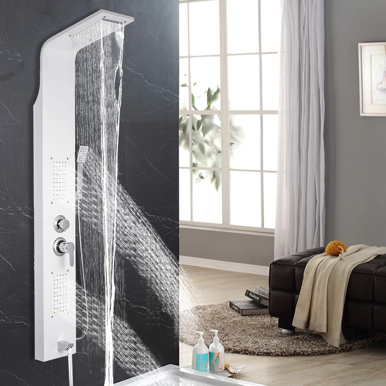 Happybuy 5 in1 Shower Panel Tower System Stainless Steel Multi-Function Shower Panel with Spout Rainfall Waterfall Massage Jets Tub Spout Hand Shower