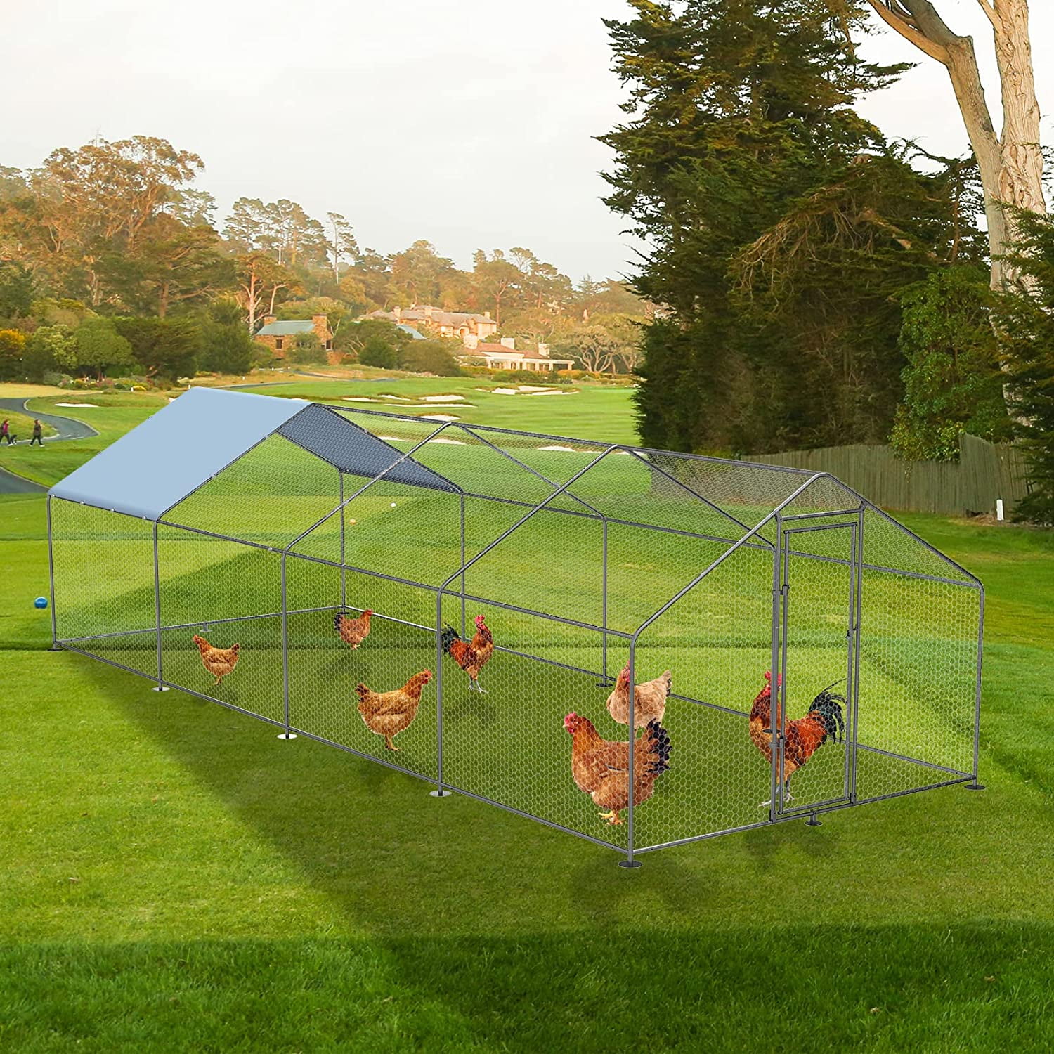 Petony Chicken Coop Outdoor Walk-in Poultry Cage Large Metal Pen Hen Run House Spire Shaped Cage with Waterproof Anti-Ultraviolet Cover