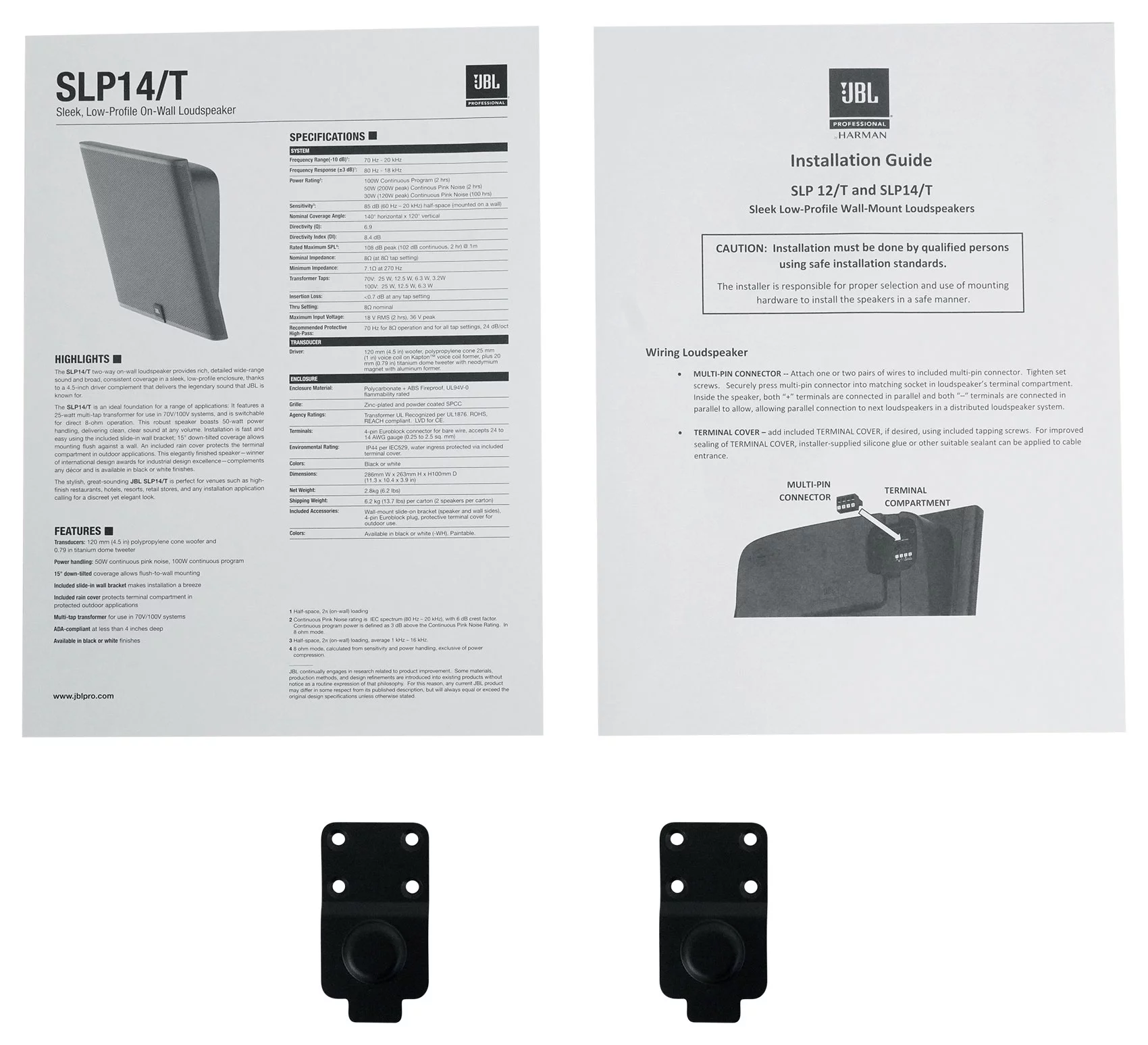 8) JBL SLP14/T-BK Sleek Low-Profile On Wall Mount 4" 70v Commercial Speakers+Amp