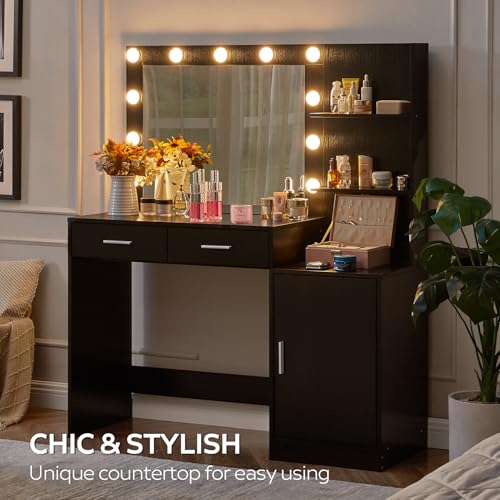 Vanity Desk with Mirror and LED Light Strip,Dressing Table with Large Drawer, 3 Level Storage Dresser & 3 Lighting Modes Adjustable Brightness