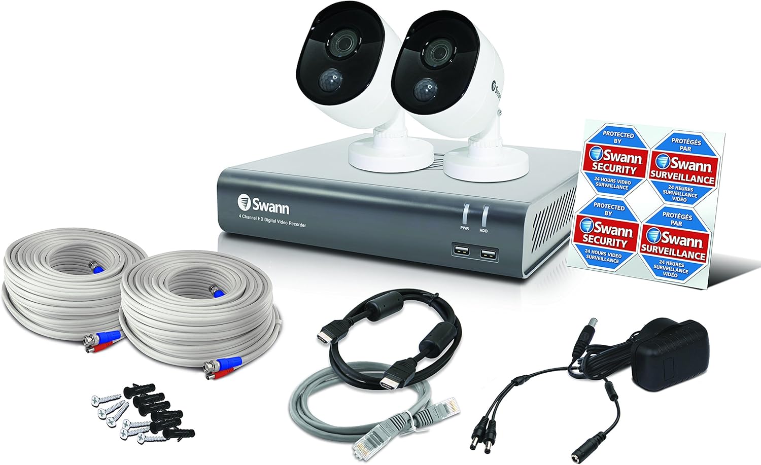 Swann Home Security Camera System, 4 Channel 2 Cameras, Wired CCTV Surveillance 1080p HD DVR 1TB HDD, Weatherproof, Color Night Vision