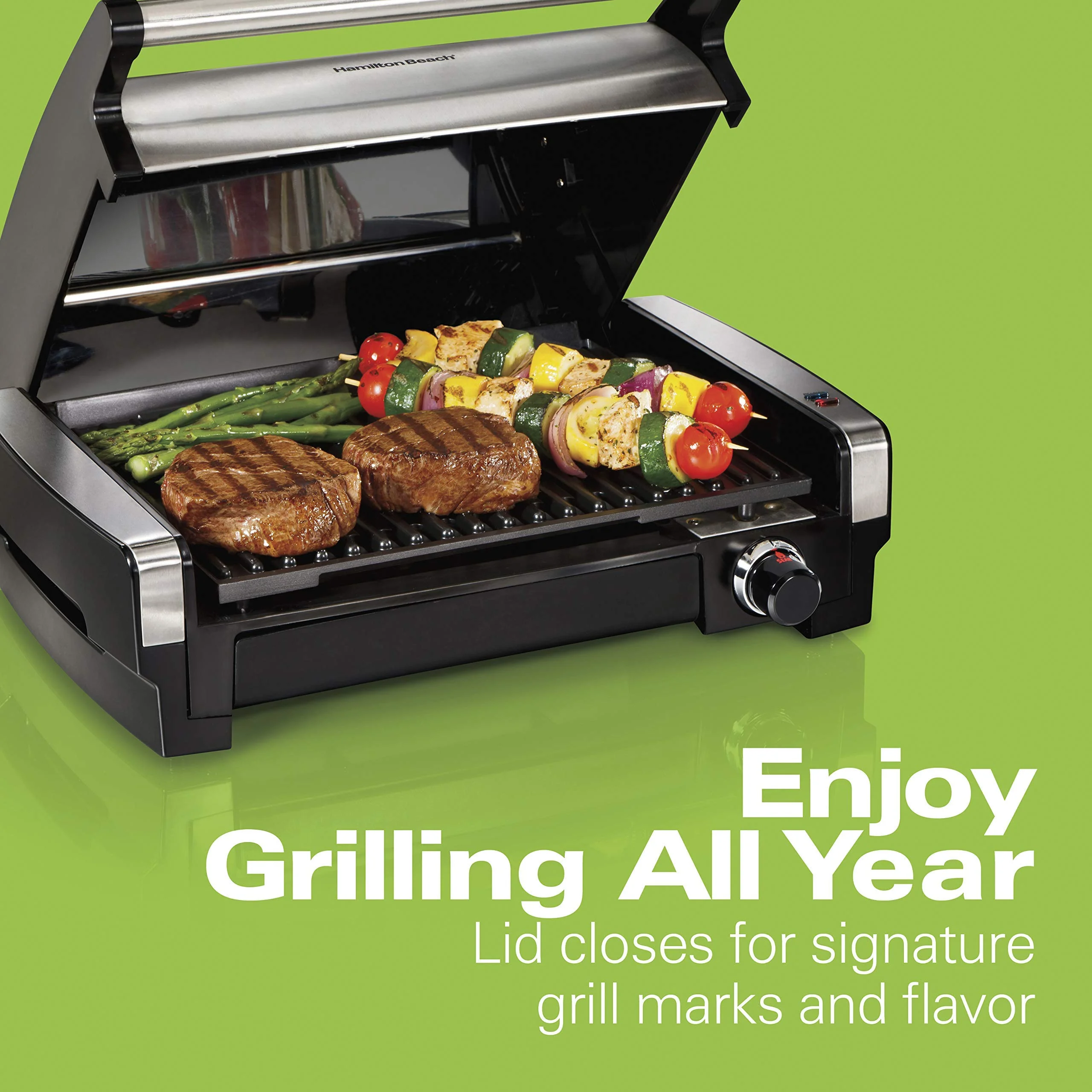 Hamilton Beach Electric Indoor Searing Grill with Adjustable Temperature Control to 450F, Removable Nonstick Grate, 118 sq. in. Surface Serves 6