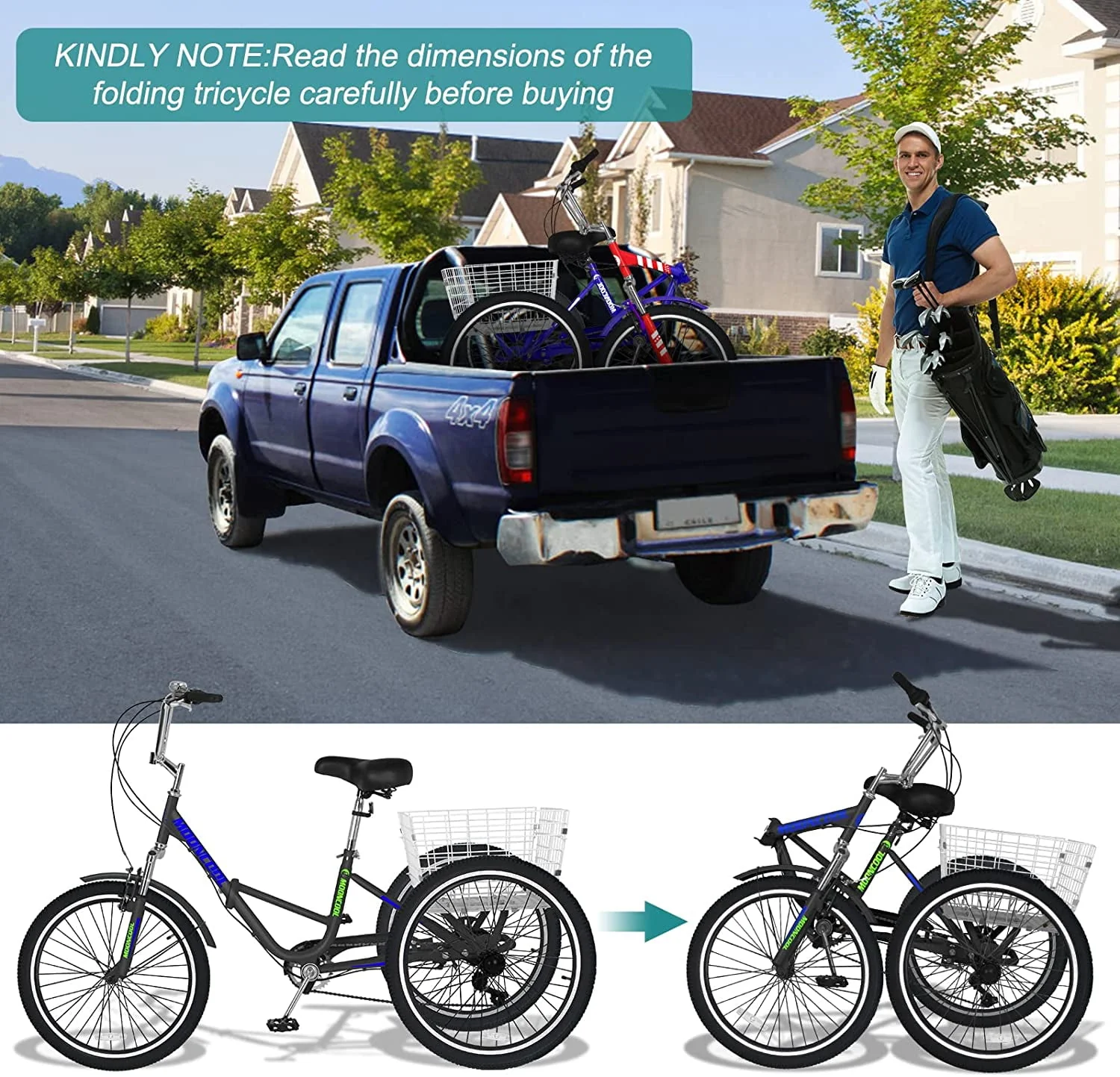 MOONCOOL Adult Folding Tricycle for Adults, 7 Speed 20/24/26 inch 3 Wheels Bikes with Basket, Foldable Tricycle for Adults, Women, Men, Seniors