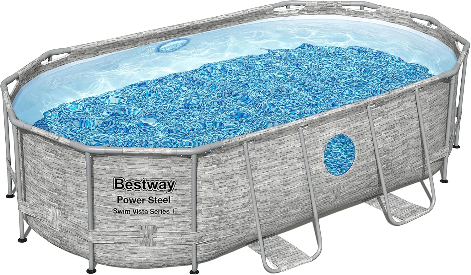 Bestway 56711E Power Steel 18' x 9' x 48 Outdoor Oval Frame Above Ground Swimming Pool Set with 1500 GPH Cartridge Filter Pump, Cover, & Ladder, Gray