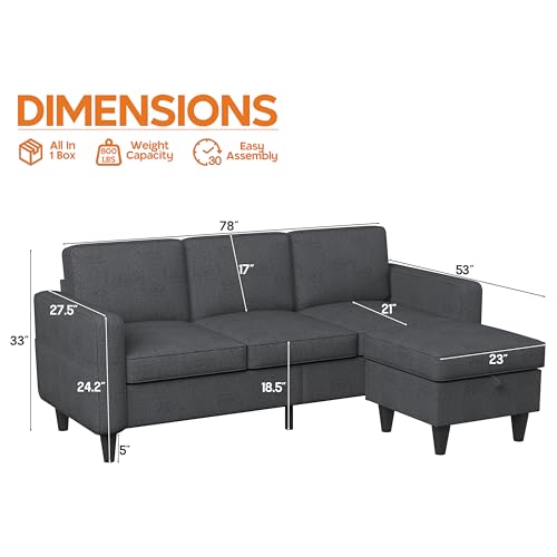 Convertible Sectional Sofa Couch, Beige 3 Seat L-Shaped Sectional Sofa with Storage Ottoman and Pockets