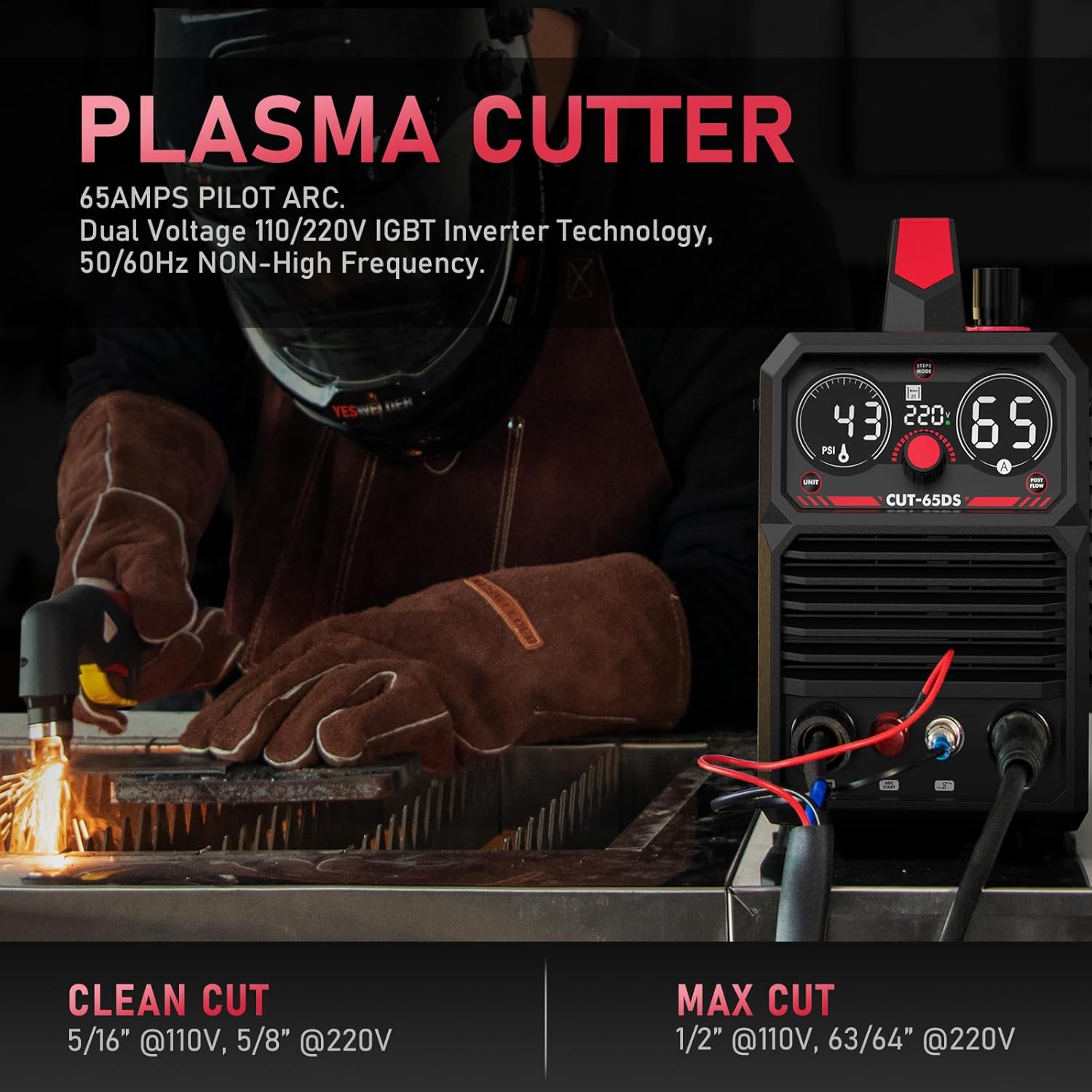 YESWELDER Plasma Cutting Machine 65Amp Non-High Frequency Non-Touch Arc Digital Screen Display DC Inverter 110/220V Dual Voltage Blowback Plasma