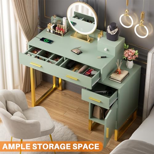 Vanity Desk with 4 Storage Drawers - Modern Makeup Vanity Table with Charging Station