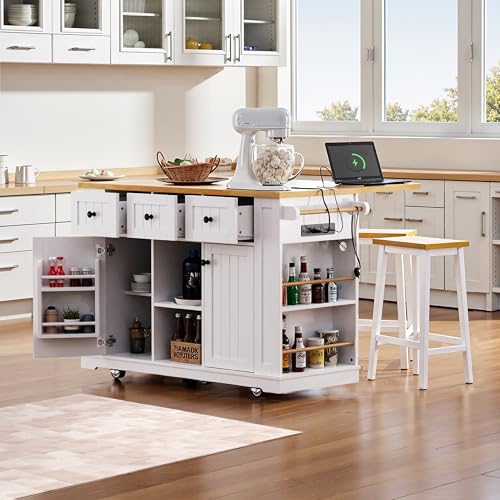 53" Rolling Large Kitchen Island Set with Power Outlet,Mobile Carts with Storage Cabinet,Extra Drop Leaf,3 Drawers and 5 Open Side Racks