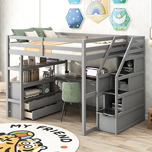 Harper & Bright Designs Twin Over Twin Bunk Bed with Stairs and Trundle, Solid Wood Stairway Bunk Bed Frame with Storage