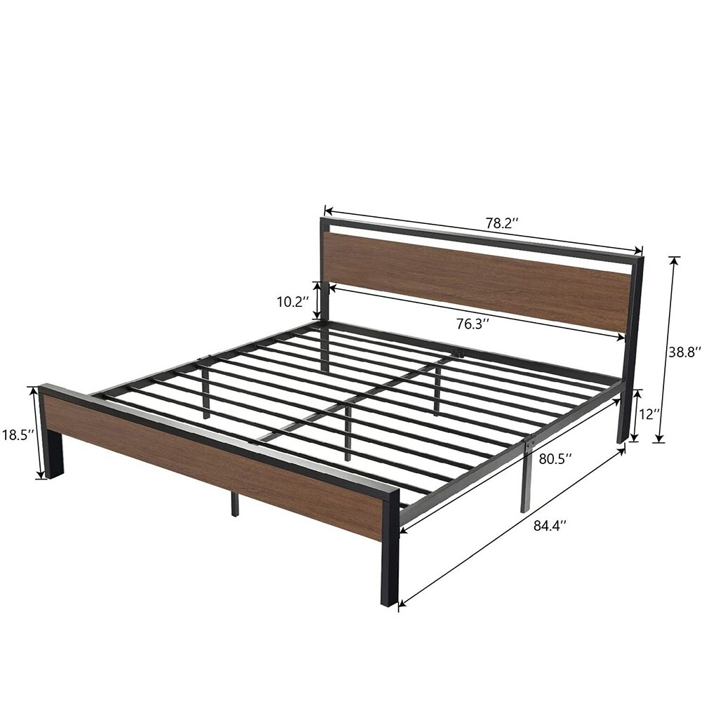 King Size Metal Bed Frame with Wooden Headboard & Footboard, Walnut