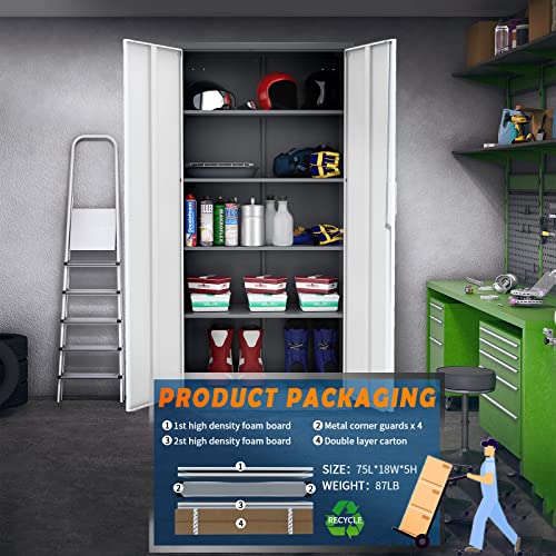 Yizosh Metal Garage Storage Cabinet with 2 Doors and 5 Adjustable Shelves - 71" Steel Lockable File Cabinet,Locking Tool Cabinets for Office,Home