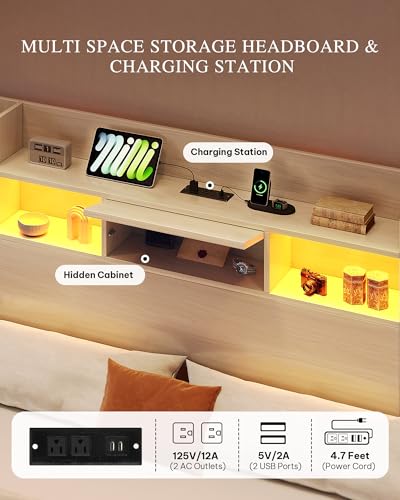 YITAHOME Queen Bed Frame with Bookcase Headboard and 4 Storage Drawers, RGB LED Bed Frame with Type-C & USB Charging Station Storage Headboard Bed