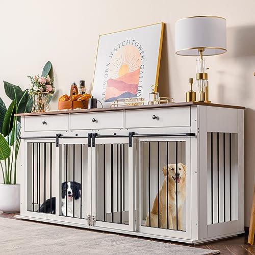 Sunseen Dog Crate Furniture Large Breed Wooden Dog Kennel with Room Divider & 3 Drawer