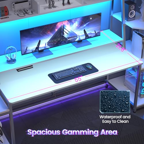 SEDETA Gaming Desk 78.8'' with LED Lights, Hutch and Storage Shelves, Computer Desk with Monitor Stand, Large PC Gamer Desk Workstation
