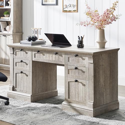 OKD 60" Executive Desk with Drawers, Farmhouse Home Office Desk with Charging Station, Keyboard Tray, File Cabinet Storage