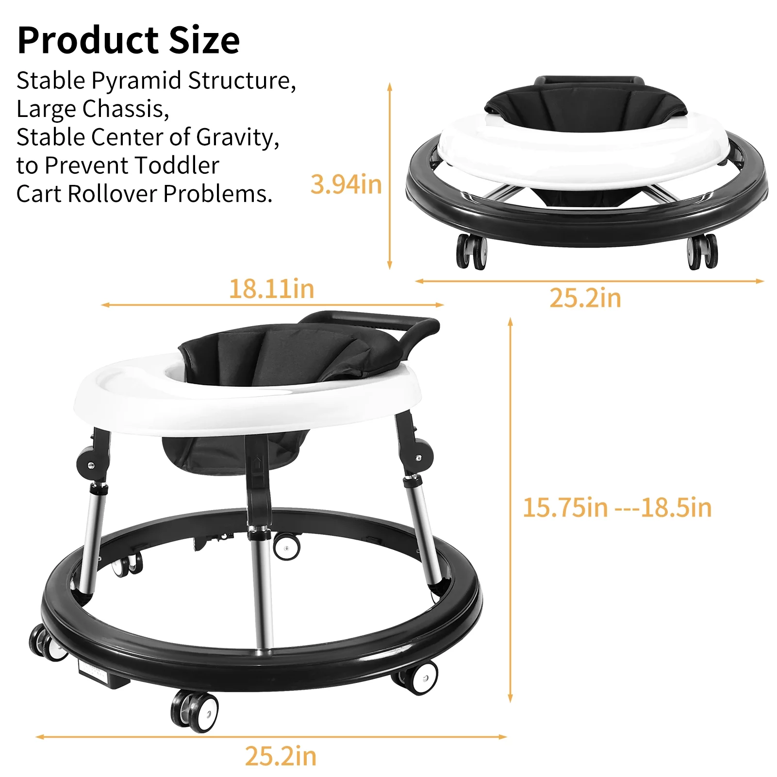 Baby Walker, Baby Walker with Wheels, Foldable 9-Gear Height Adjustable, Baby Walkers and Activity Center with Foot Pads/Mute Wheels