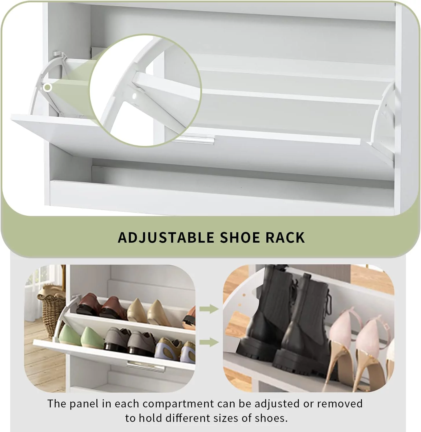 AngLink Slim Entryway Shoe Cabinet with 2 Flip Drawers, Modern Tempered Glass Top Shoe Storage Organizer with Drawer and Open Shelves
