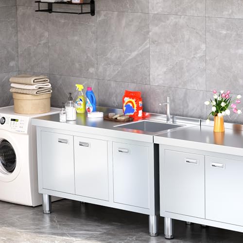 ZZV Freestanding Stainless Steel Sink with Cabinet Heavy Duty Utility Sink Commercial for Kitchen Restaurant Hotel Cafe and Outdoor
