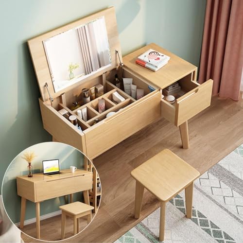 Vanity Desk Nordic Modern Vanity Desk, Makeup Vanity Set with Flip Mirror and Makeup Stool, Dressing Table 2-in-1 Design Writing Desk Dressing
