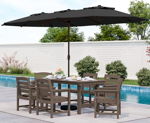 SERWALL Outdoor HDPE Dining Table Set, 7-Piece Outdoor Dining Table Sets with Umbrella Hole Cut-Out Table and 6 Chairs, Gray