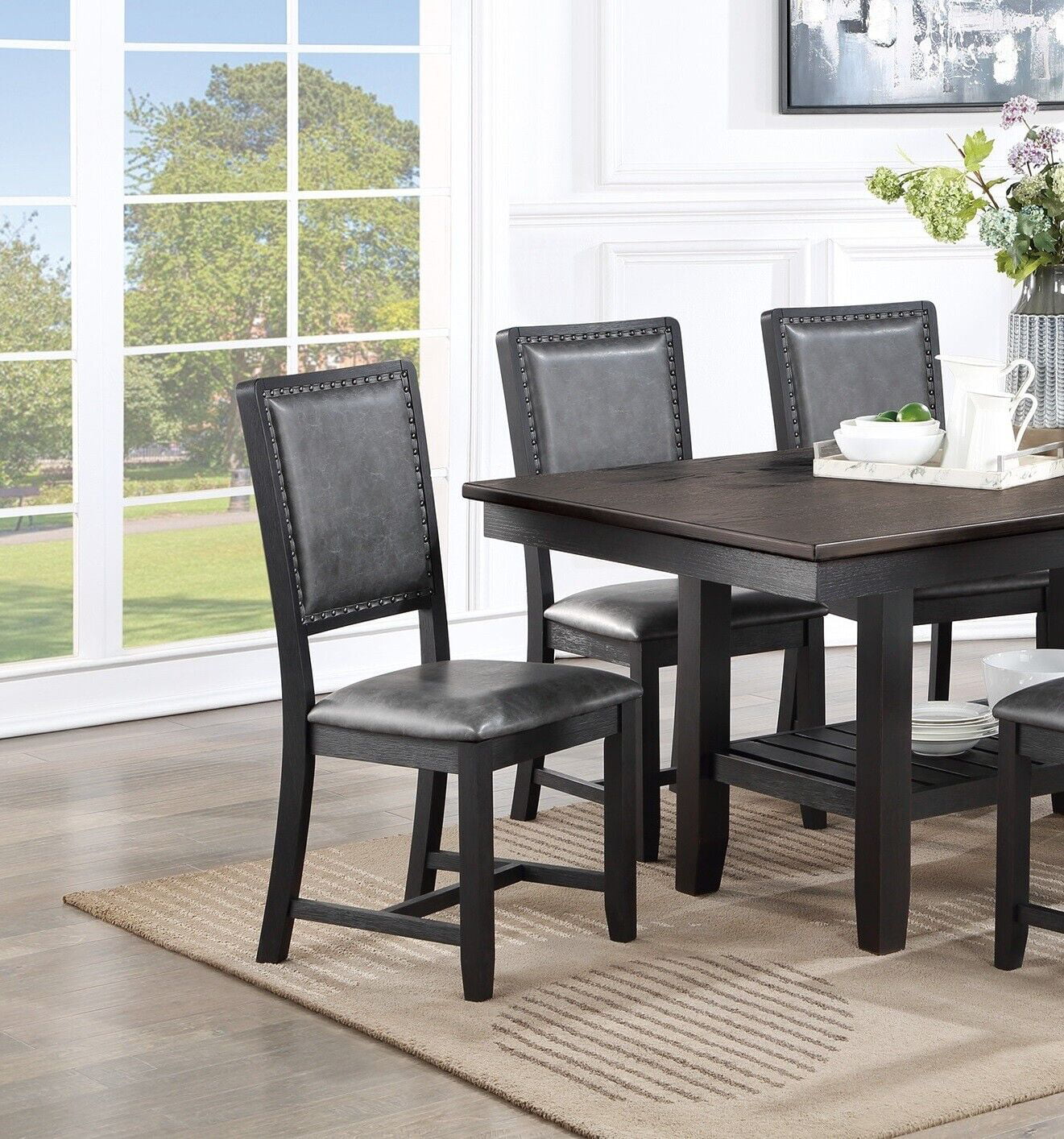 Beautiful Dark Coffee Dining Room Furniture 7pc Set Contemporary Dining Table w Shelve 6 Chairs PU Cushion Seat Back Side Chairs