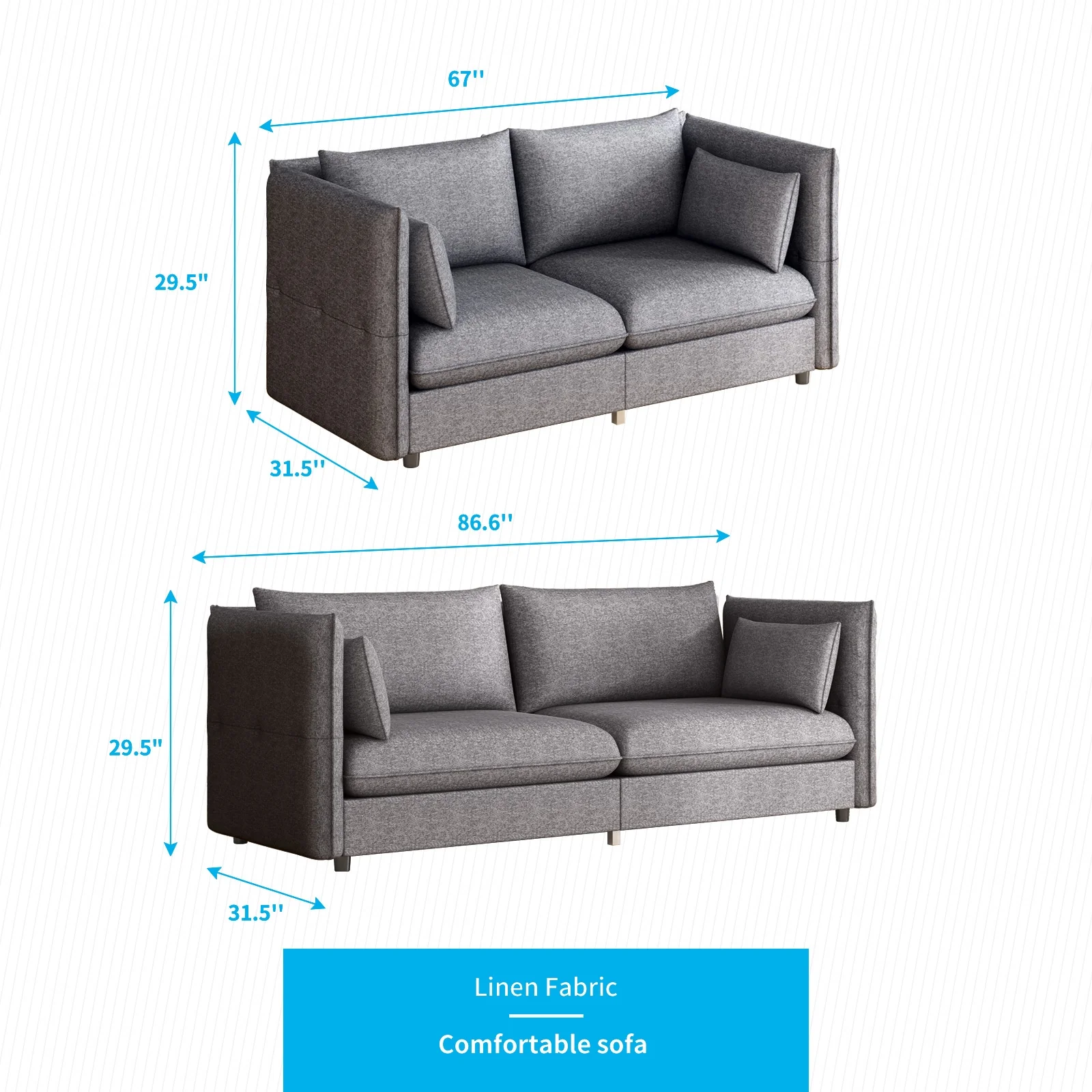 Mjkone Modern 2 Pieces Living Room Furniture Sofa Sets with Adjustable Armrest,Include Sofa&Loveseat,Linen Fleece Upholstered Couch Set,Dark Grey