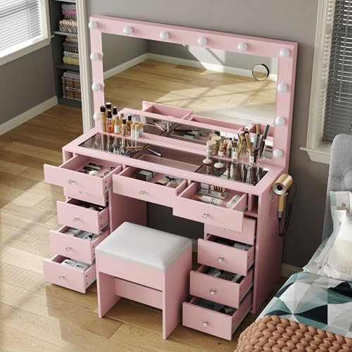 Vanity Desk & Power Outl, Makeup Vanity with Mirror and 12 LED Lights, Makeup Table with 11 Drawers, Vanity Table with Chair