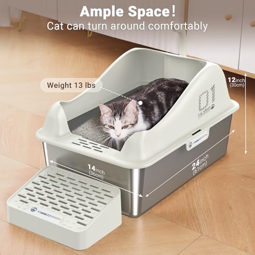 Stainless Steel Litter Box, XL Metal Litter Box with High Wall Sides, Stainless Steel Litter Box with Lid, Never Absorbs Odors, Non-Sticky