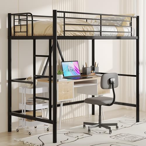 VECELO Loft Bed Twin Size, Metal Bedframe with Removable Ladder and Safety Guardrail, No Box Spring Needed, Space Saving, Noise Free, Pink