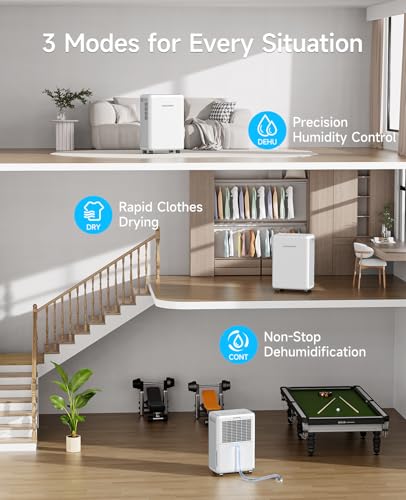 2000 Sq. Ft Dehumidifier for Basement, 30 Pint Dehumidifiers for Home, Bedroom and Bathroom, 3 Modes Dehumidifier with Drain Hose