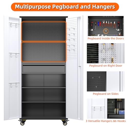 Aobabo 71" H×32" W×16" D Metal Storage Cabinet with Wheels, Garage Steel Storage Cabinet with 5 Adjustable Shelves and 4 Hooks for Home Office