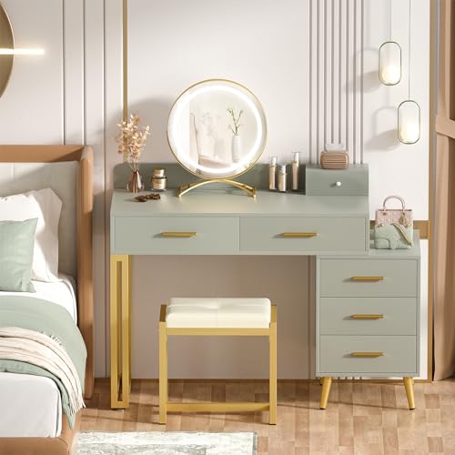 White Vanity Desk with Mirror and Lights, Modern Makeup Vanity Table Set with 6 Storage Drawers and Cushioned Stool for Bedroom