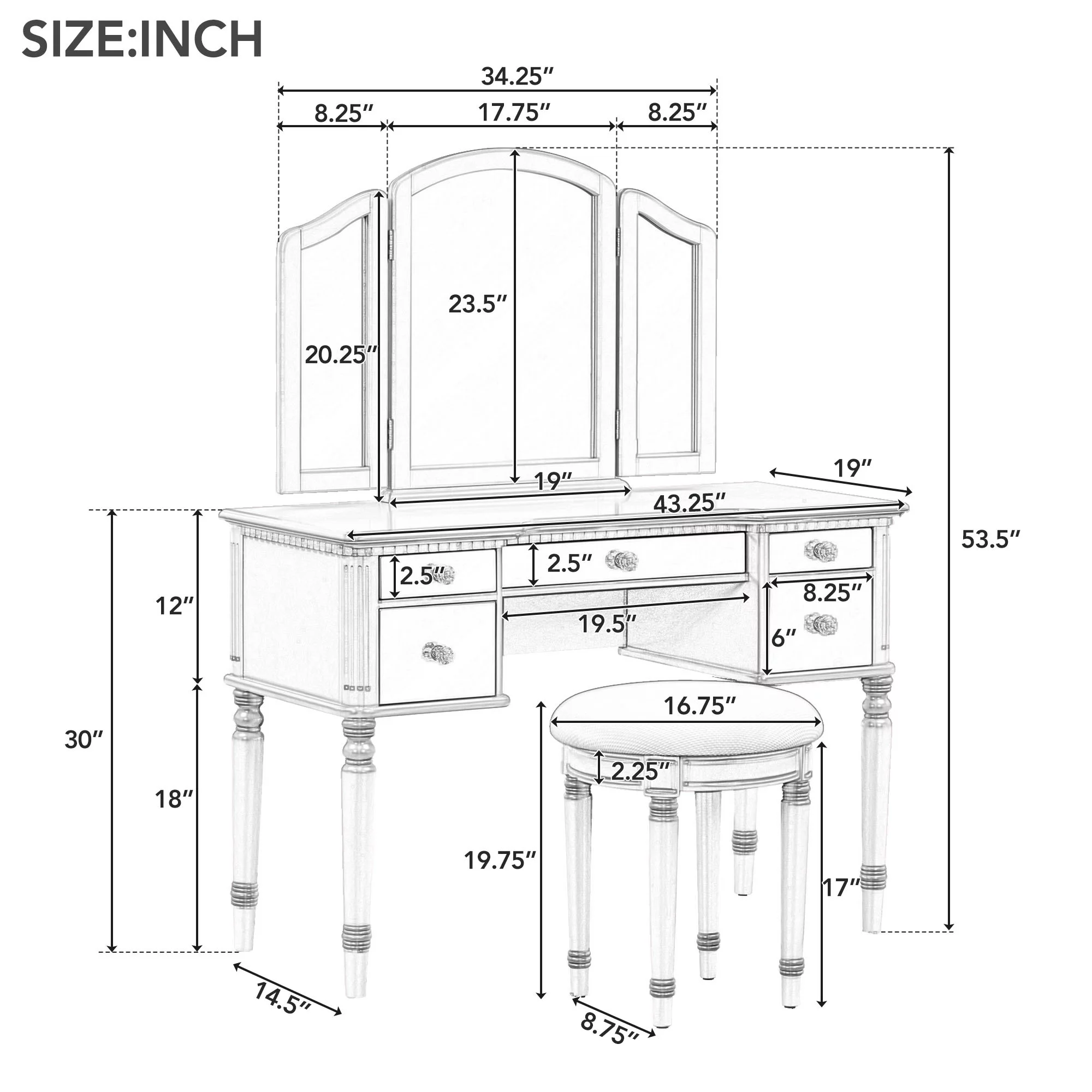 Soges Vanity Set with Tri-Fold Mirror Dressing Table Set with Mirrored Drawers and Stool, Makeup Vanity for Bedroom, Pink