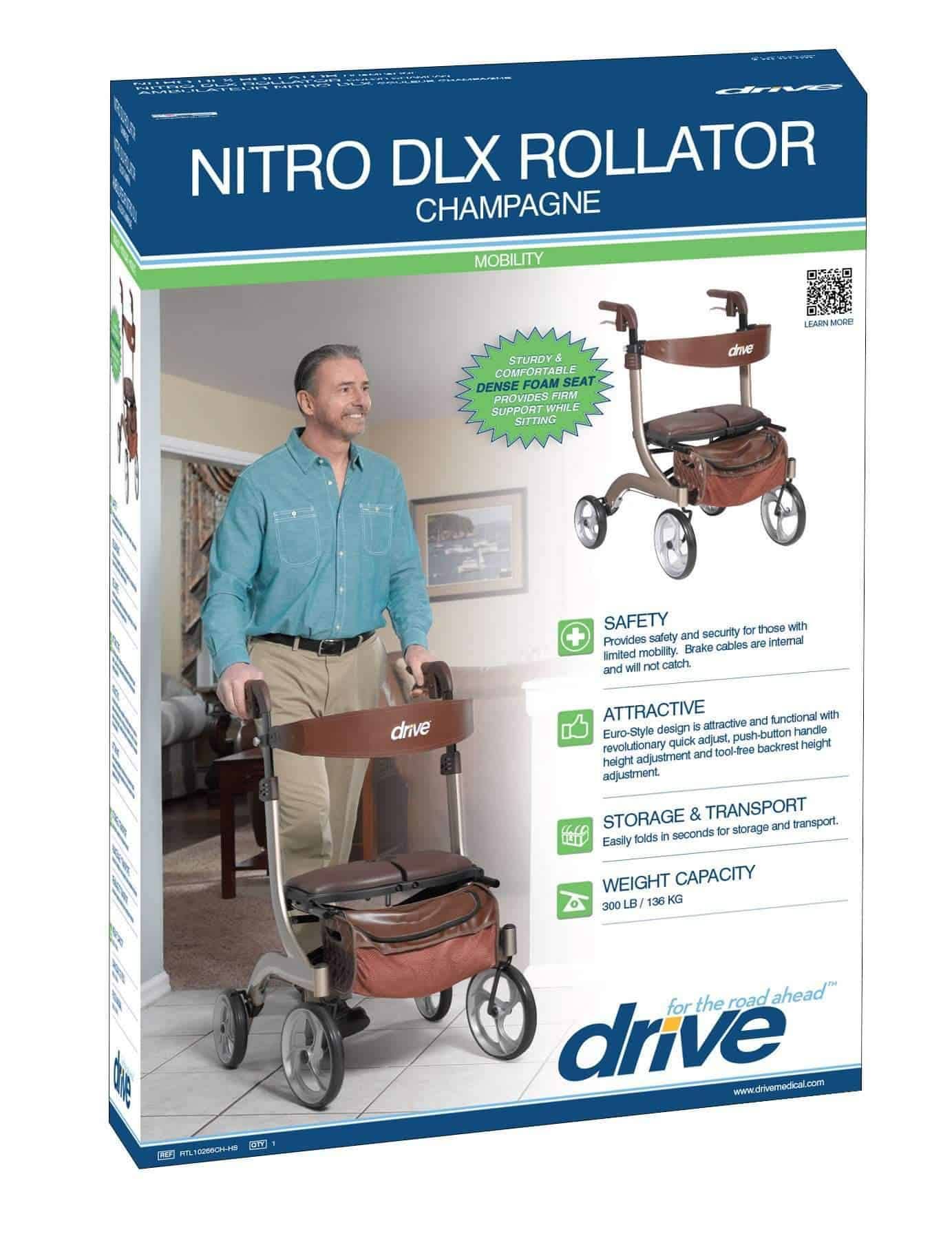 Drive Medical Nitro DLX Euro Style Rollator Rolling Walker, Brown