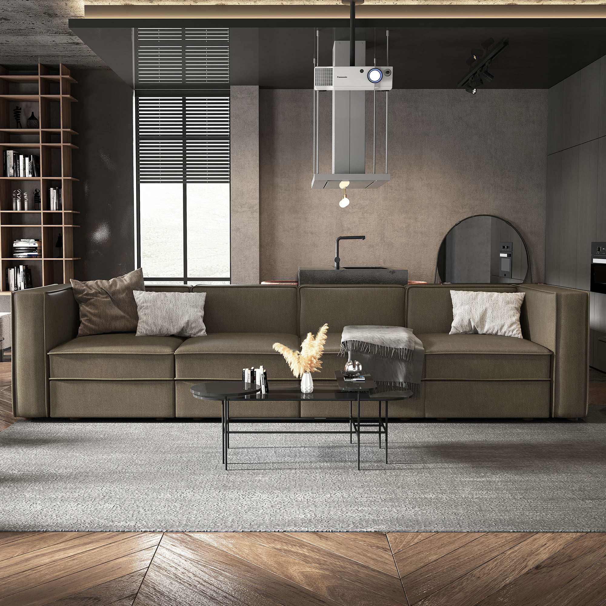 Nolany Modular Sectional Sofa Couch 4-Seat Sofa with Storage Seat, Dark Grey Microfiber - Curated Treasures Market
