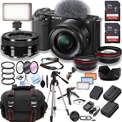 Sony ZV-E10 Mirrorless Camera with 16-50mm Lens + 2pcs 64GB Memory + LED Video Light + Case+ Tripod + Steady Grip Pod + Filters + Macro + 2X Lens +