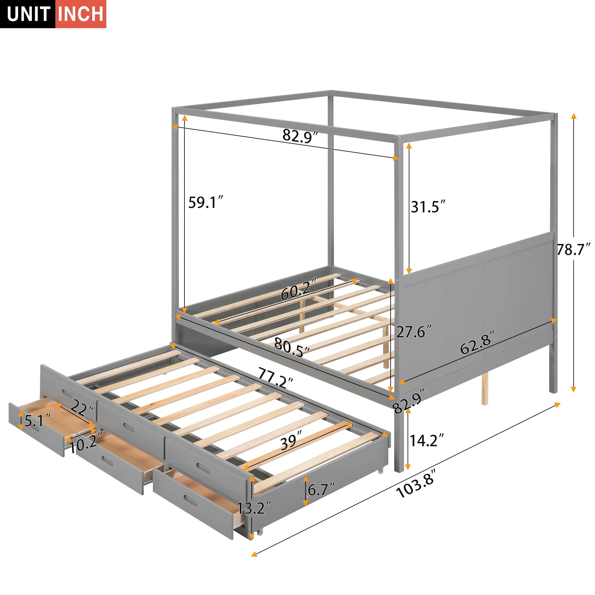Bellemave Queen Size Canopy Bed with Twin Size Trundle and 3 Storage Drawers, Queen Platform Bed with Headboard, Wood Queen Bed Frame for Kids, Teens
