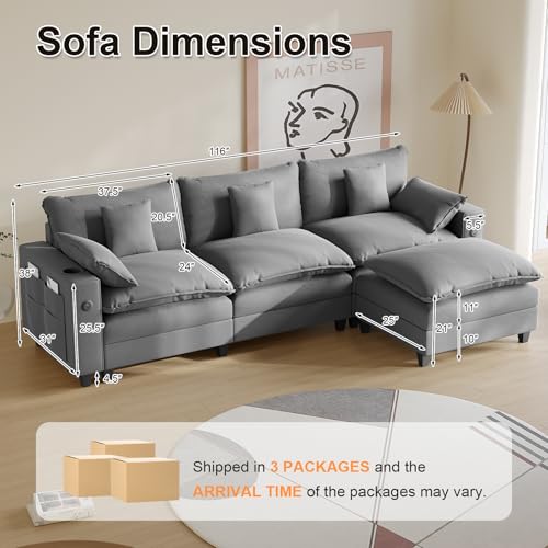 Modular Sectional Sofa, Cloud Couch with Ottoman, Charging Station, Throw Pillows, Cup Holders, Modern Convertible U Shaped Couches for Living Room