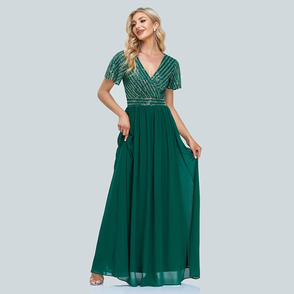 2023 New Women Green Evening Dresses Elegant V-Neck Sequins Chiffon Formal Gown Robe Vestidos De fiesta Dress For Wedding Party