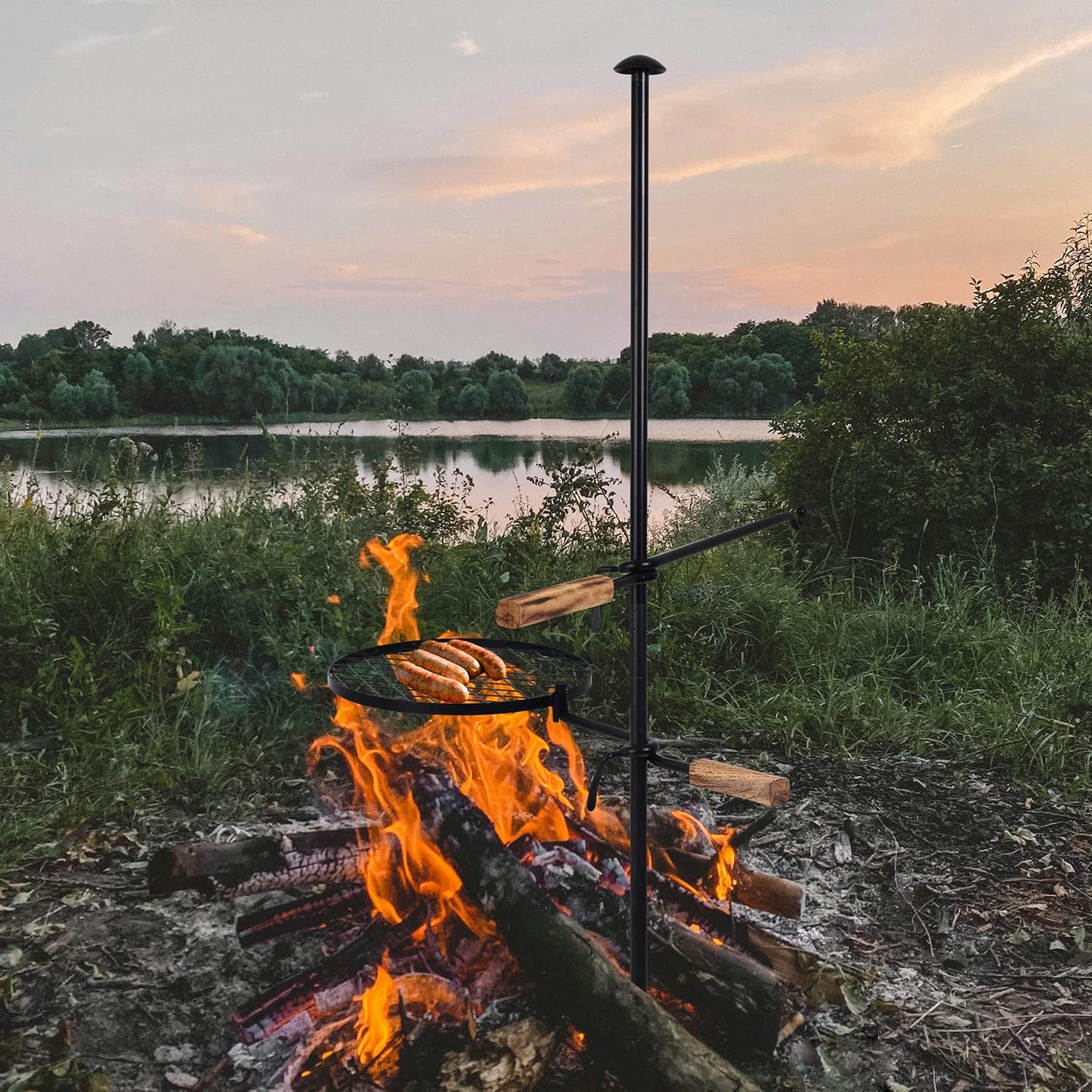 2in1 Swivel Campfire Grill Gate, Adjustable Camping Grill Grates Over Fire Pit, Heavy Duty Camp Fire Cooking Equipment for Outdoor
