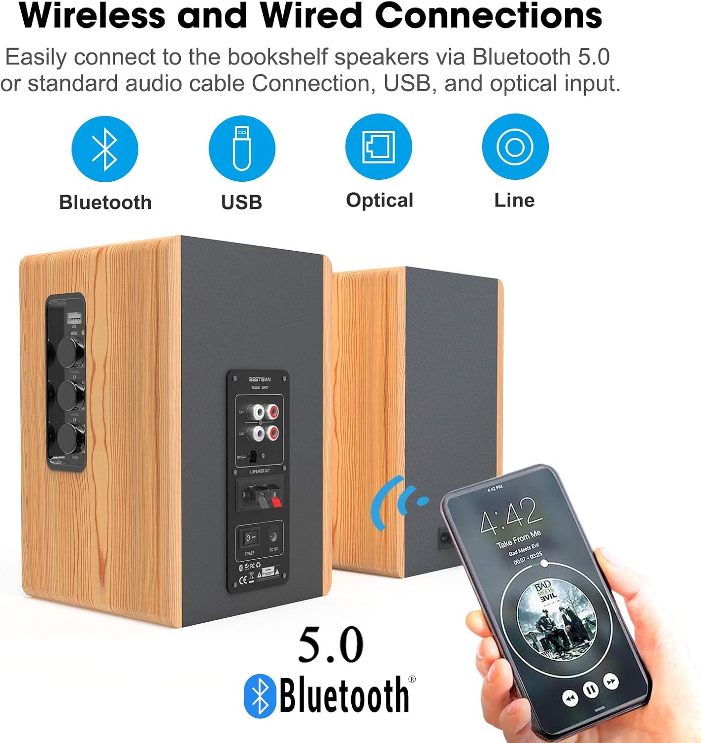 Bookshelf Speakers, BESTISAN Powered Bluetooth Bookshelf Speakers, Optical Input, Wireless Studio Monitors, 4 Inch Near Field Speaker - 50W RMS