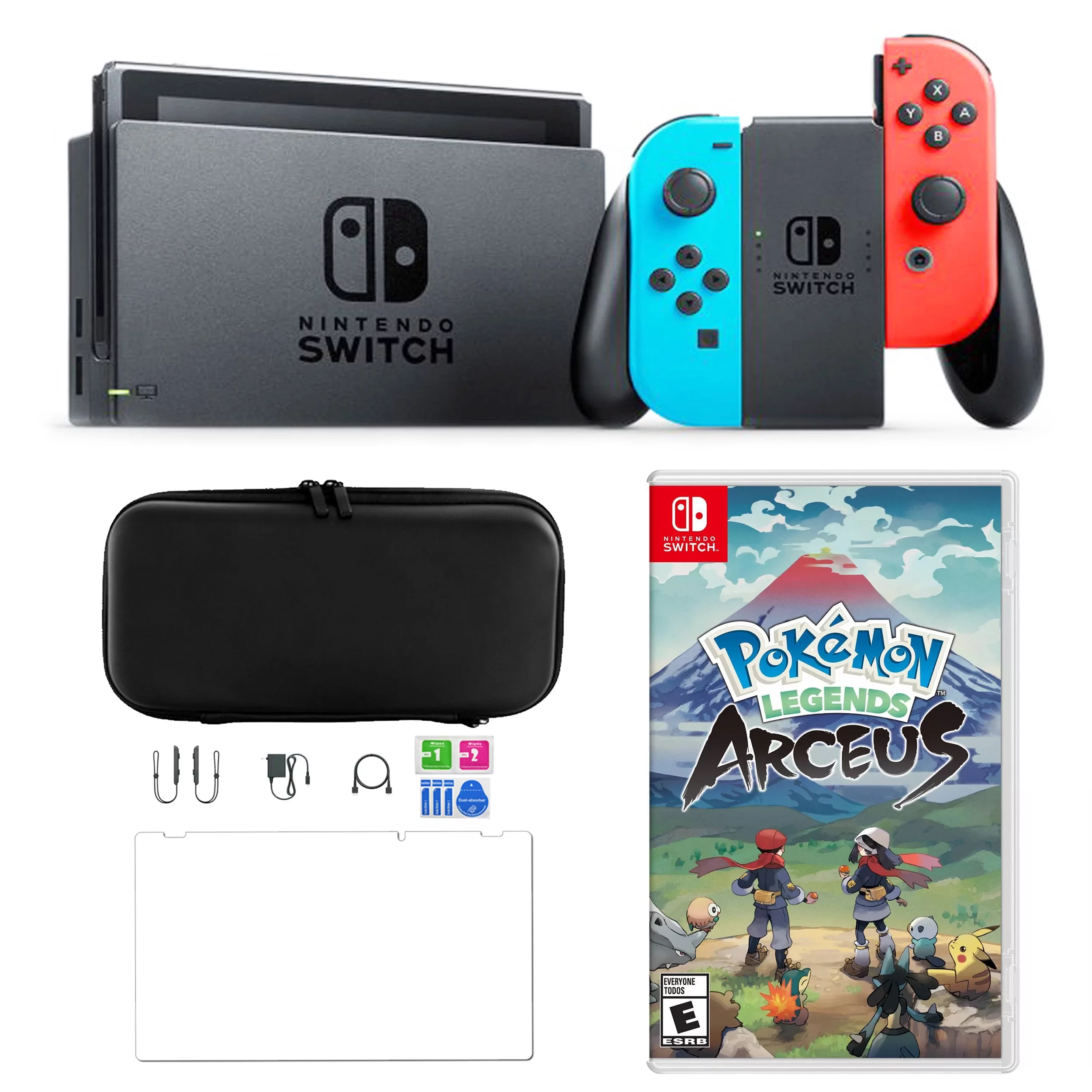 Nintendo Switch in Neon with Arceus Game, Screen Protector and Carry Case