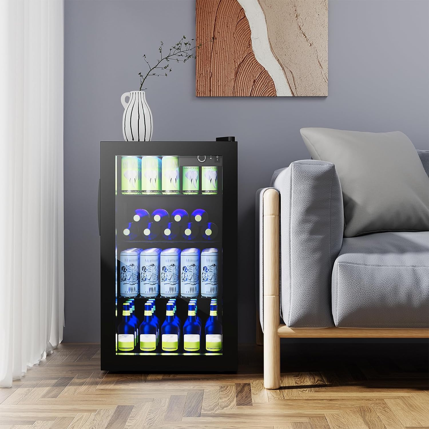 Mini Beverage Fridge, 120 Can, Beverage Fridge w/Glass Door, Adjustable Shelves, LED Light & Temperature Control