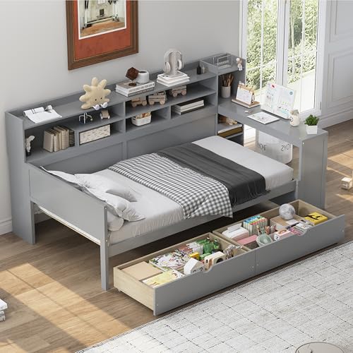 Bellemave Twin Corner Bed Frame with Storage Shelves and Desk, Wood Twin Size Daybed with Bookcase and Drawers and Storage, Gray