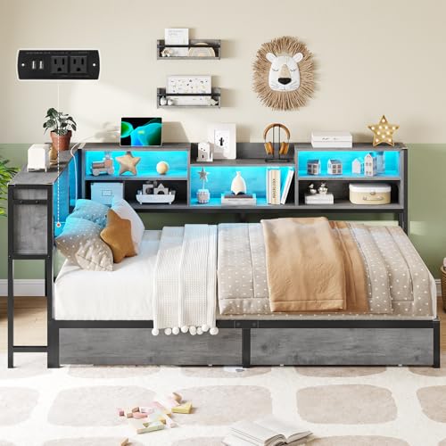 DICTAC Corner Twin Bed Frame with Bookcase Storage and Led Lights Metal Twin Size Platform Beds with Storage and Charging Station Twin Daybed with 2