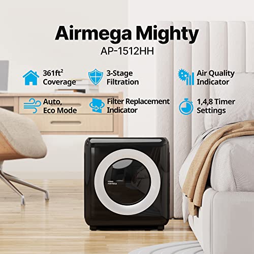 Coway Airmega AP-1512HH(W) True HEPA Purifier with Air Quality Monitoring, Auto, Timer, Filter Indicator, and Eco Mode, 16.8 x 18.3 x 9.7, White