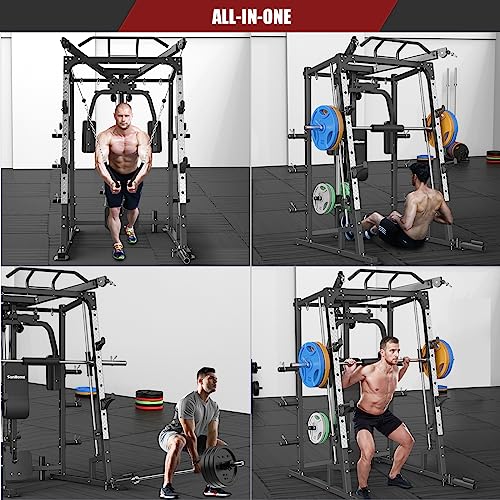 SunHome Smith Machine, 2000LBS Power Cage Squat Rack with Smith Bar, Two LAT Pull-Down Systems