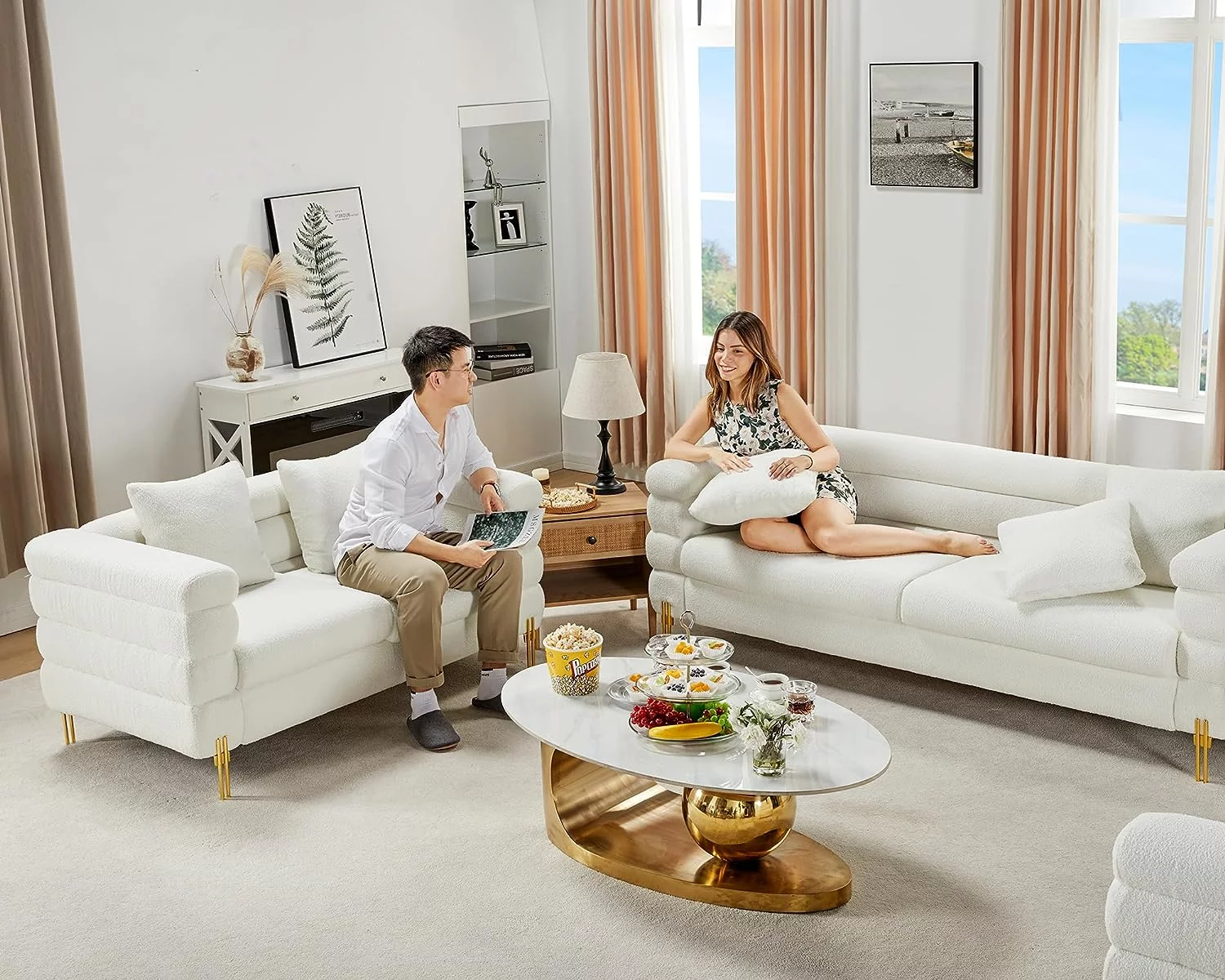 AMERLIFE Sofa, Oversized Sofa- 85 inch, 3 Seater Sofa Comfy Sofa for Living Room- White Deep Seat Sofa, Boucl&eacute; Couch