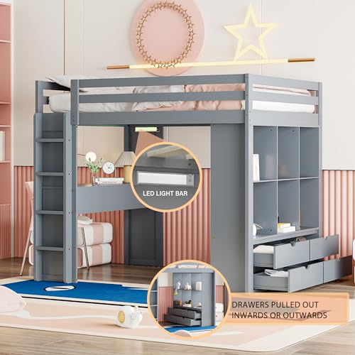 Full Size Loft Bed with Desk & Wardrobe, Solid Wood Kids Loft Bedframe w/3 Storage Drawers & 2 Shelves, Maximum Space Design, for Bedroom, Dorm, Gray